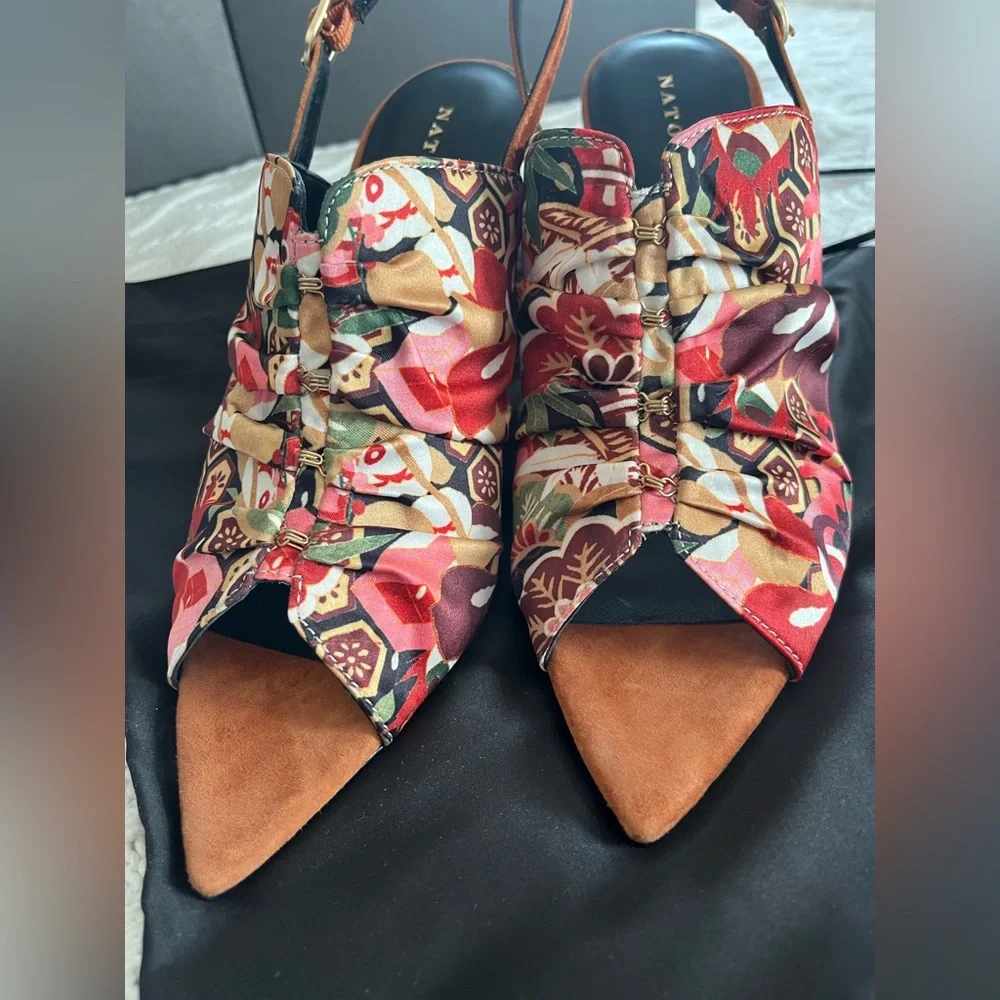 New! Natori Vibrant Patterned Slingback Satin & Leather Heels Various Sizes - Picture 6 of 13